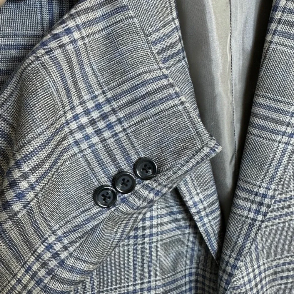 Ermenegildo Zegna Cashmere Silk Sport Coat Grey Blue Plaid Blazer Italy 44R US